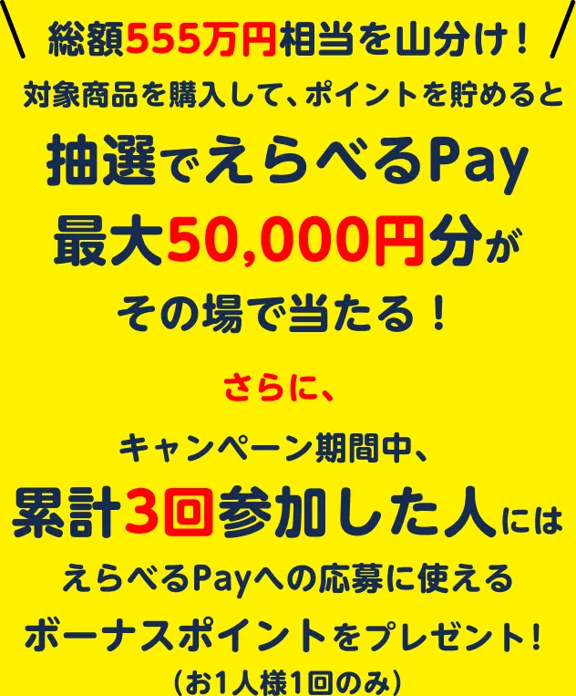  総額555万円相当を山分け！対象商品を購入して、ポイントを貯めると抽選でえらべるPay最大50,000円分がその場で当たる！さらに、キャンペーン期間中、累計3回参加した人にはえらべるPayへの応募に使えるボーナスポイントをプレゼント！（お1人様1回のみ）